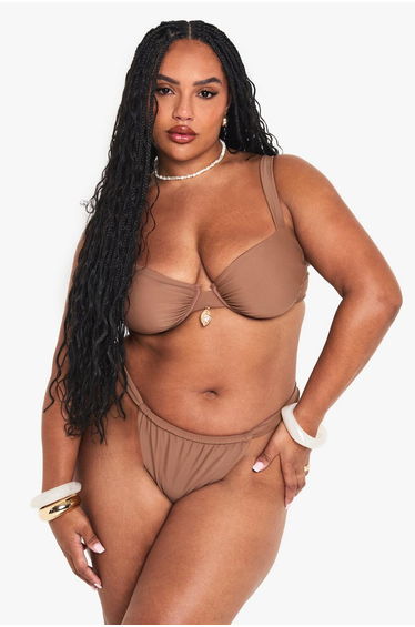 Plus Shell Trim Ruched Tanga Bikini Bottoms - chocolate