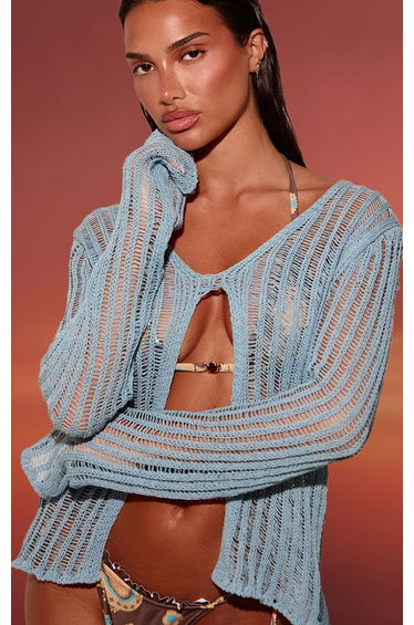 Pale Blue Laddered Knit Long Sleeve Split Hem Beach Top