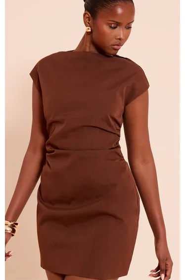 Chocolate Woven Cap Sleeve Cinched Waist Mini Dress