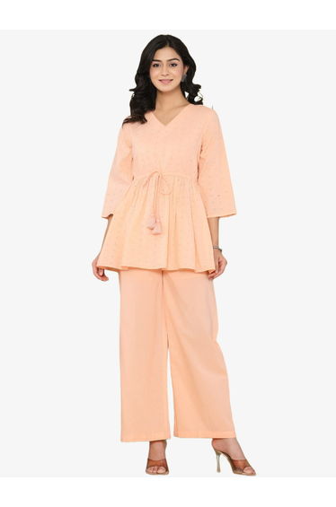 Women Pastel Orange Schiffli Embroidered Pure Cotton Top and Pants Co-Ords