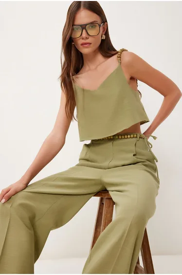 Women's Khaki Beaded Detailed Linen Blouse Trouser Set