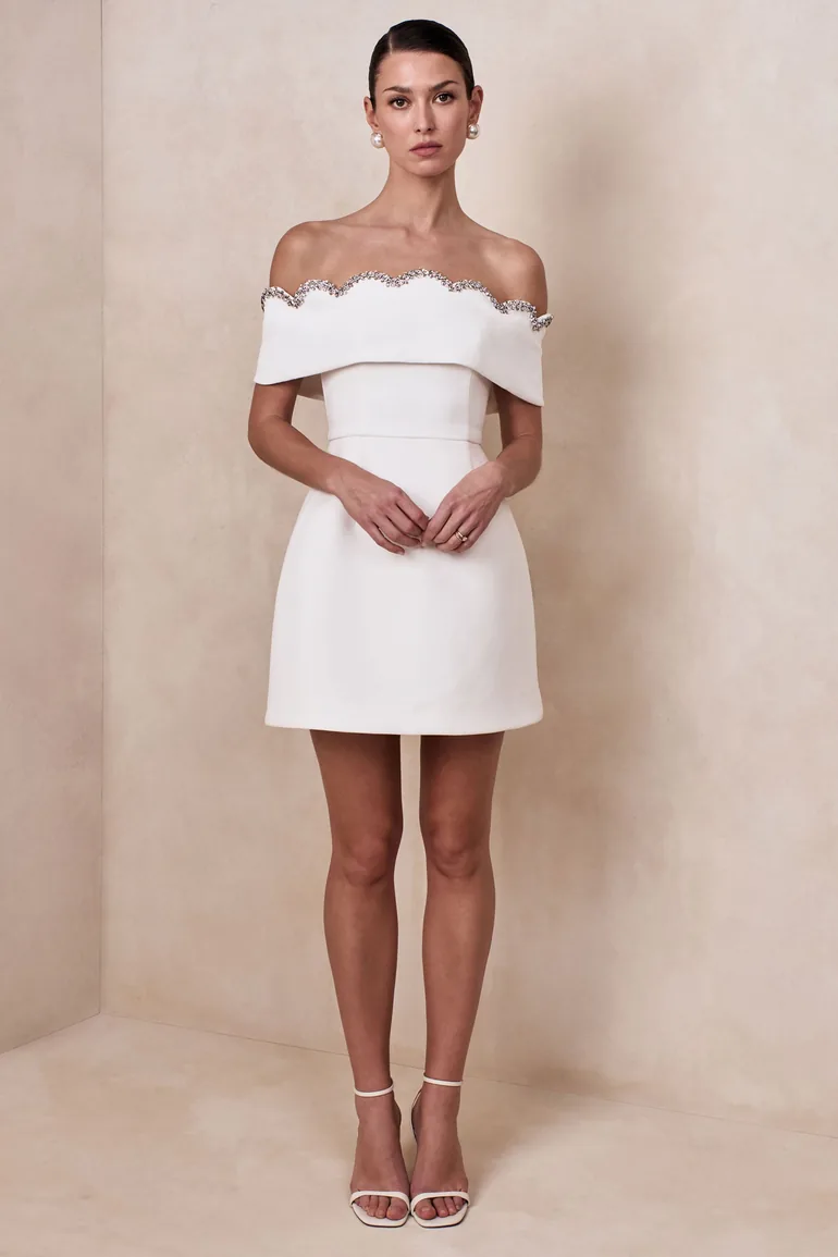 Norella | White Scalloped Bardot-Neck Mini Dress - 5