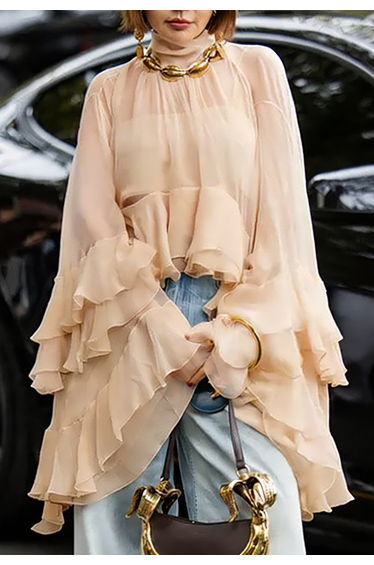 Dramatic Ruffle Bell Sleeve Hi-Lo Chiffon Top in Nude Pink for Dressy Brunch & Date Night