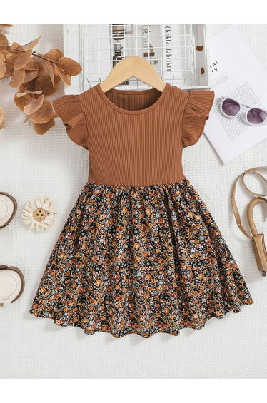 Girls Floral Print Ruffle Sleeve Dress