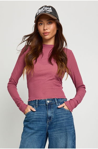 Ribbed Textured Mesh Long Sleeve Top - rose pink
