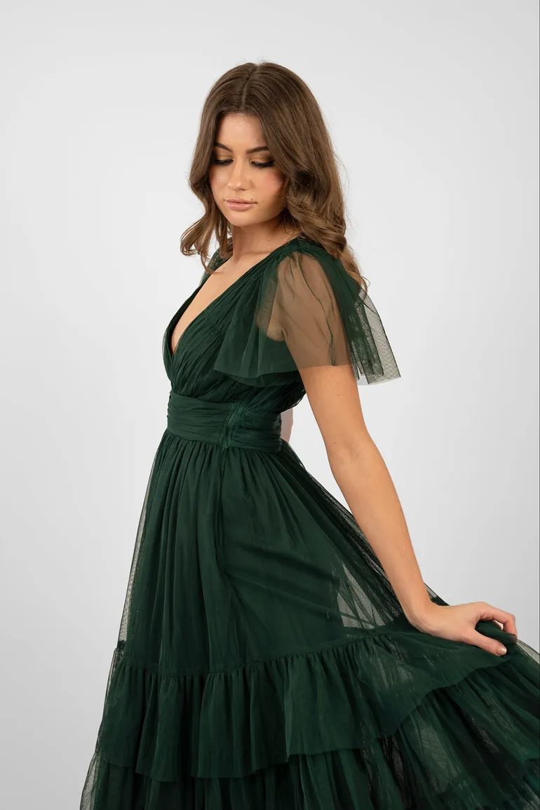 lace emerald green bridesmaid dresses A Line V Neck Emerald Green Spaghetti Straps Lace Appliques Prom Dress   morievent