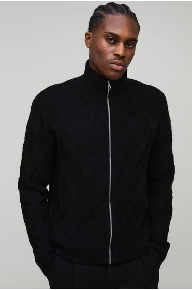 Boxy Cross Hatch Zip Thru Knitted Jacket - black