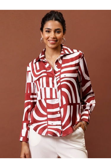 Rust Printed Long Sleeve Satin Shirt