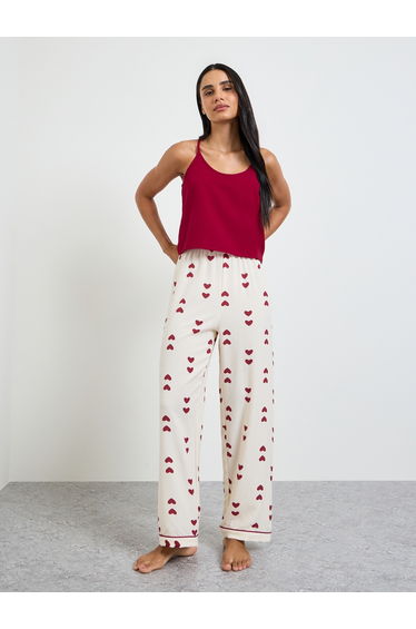 Solid Cami and Heart Print Pyjama Set