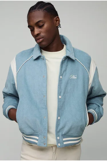 Regular Fit PU Panel Cord Back Applique Bomber Jacket - blue