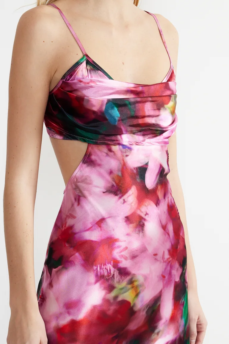 Pink-Multicolored Woven Satin Flower Patterned Elegant Evening Dress - 4