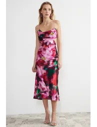 Pink-Multicolored Woven Satin Flower Patterned Elegant Evening Dress