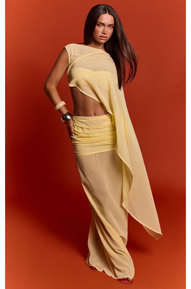 Butter Yellow Chiffon Ruched Waistband Maxi Skirt Co-ord