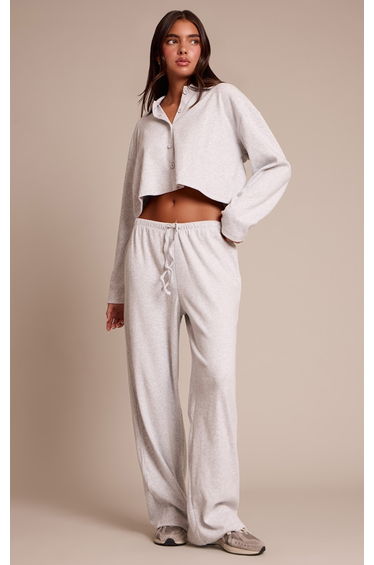 Light Grey Brushed Rib Wide Leg Drawstring Trousers