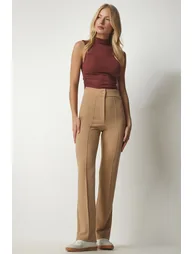 Women's Camel High Waist Lycra Casual Knitted Pants - 1