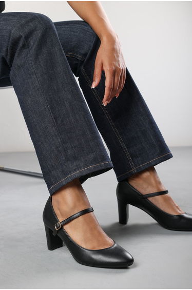 Evangeline Wide Fit Block Heel Mary Jane Pumps in Black Faux Leather