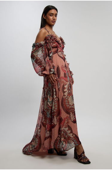 Metallic Thread Printed Cold Shoulder Woven Maxi Dress