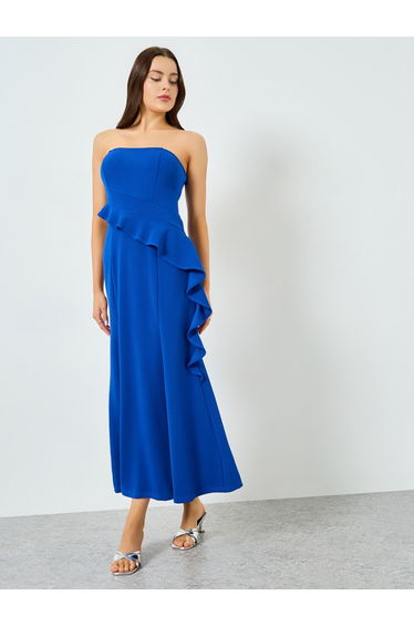 Blue Bandeau Neck Frill Detail Maxi Dress