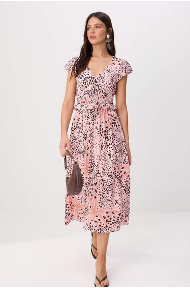 Pink- Multicolor Floral Midi Woven Dress