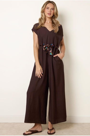 Belted Tie Drawstring Scarf Jumpsuit