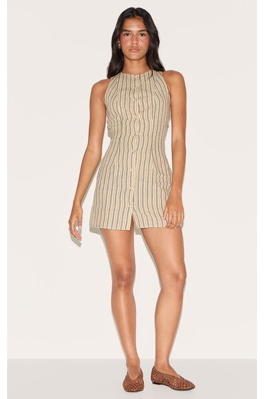 Stone Pinstripe Button Down Shift Dress