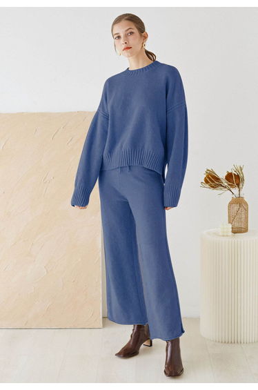 Waffle Knit Hi-Lo Sweater and Wide Leg Pants Set in Blue