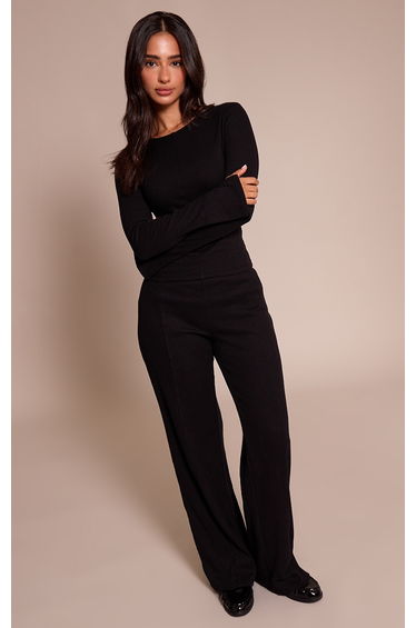 Petite Black Long Sleeve Seam Detail Top