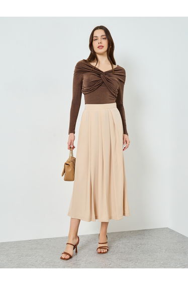 Women Beige Pleated A-Line Midi Skirt