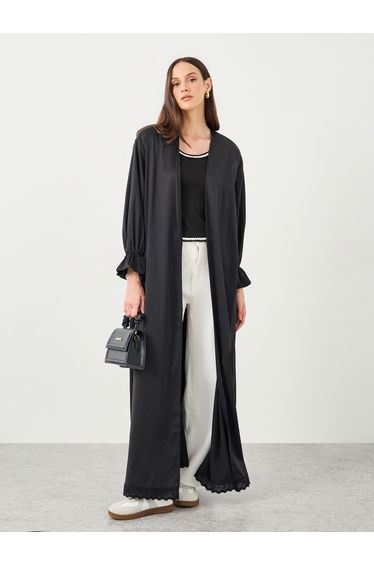 Women Black Lace Trim Regular Fit Maxi Kimono