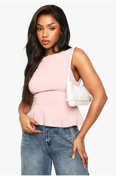 Bengaline Tied Open Back Peplum Top - pink