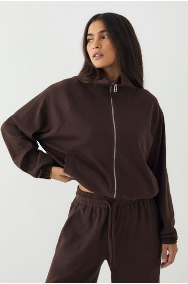DSGN Studio Rib Zip Through Funnel Neck Bomber - dark chocolate