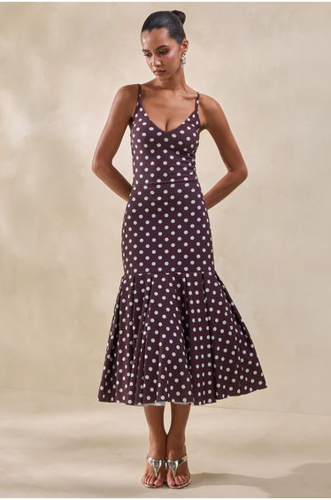 Masie | Brown Polka-Dot Midi Skirt With Drop-Waist
