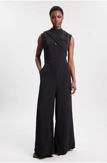 Petite Tailored Crepe Cape Asymmetric Cape Neck Detail Jumpsuit