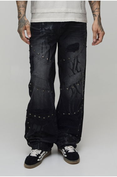 Tall Relaxed Silver Studded Jeans - black