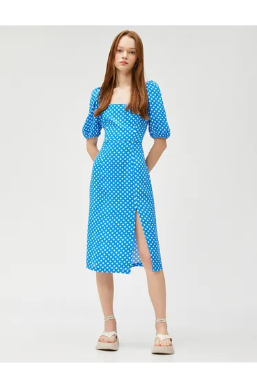 Midi Polka Dot Dress Square Neck Balloon Sleeve Slit