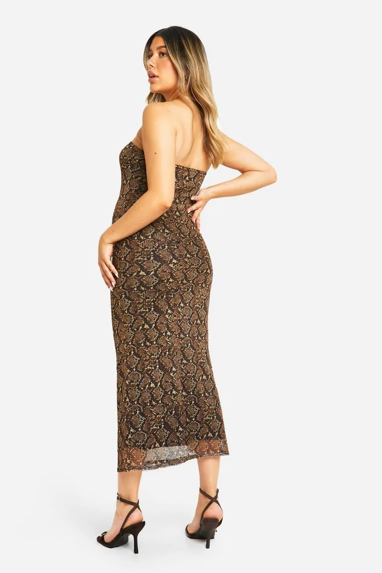 Maternity Snake Print Mesh Bandeau Column Midaxi Dress - 1