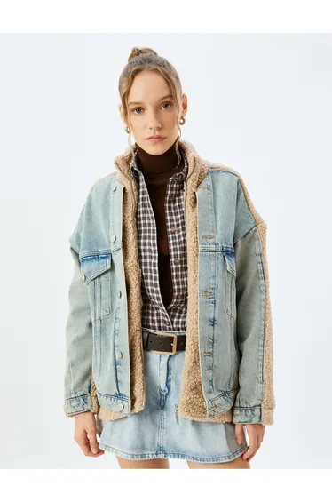 Stand Collar Buttoned Pocket Denim Fabric Detailed Comfortable Fit Plush Jacket