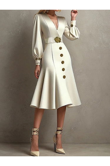 Loose Puff Sleeves Pleated Split-Joint Tied Waist V-Neck Midi Dresses