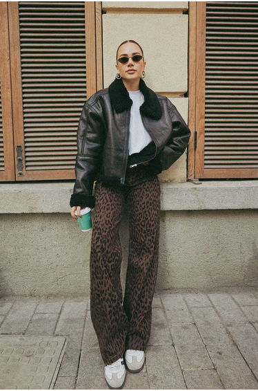 Brown Suede Look Leopard Patterned High Waist Wide Leg Jeans
