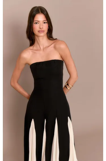 Black Bandeau Contrast Chiffon Pleated Maxi Dress