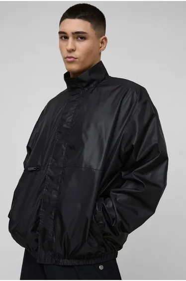 Oversized High Shine Funnel Neck Track Jacket - black