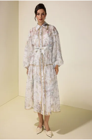 فستان جاردان فو قميص شيفون ميداكسي على شكل حرف A بأكمام طويلة بطبعة أزهار