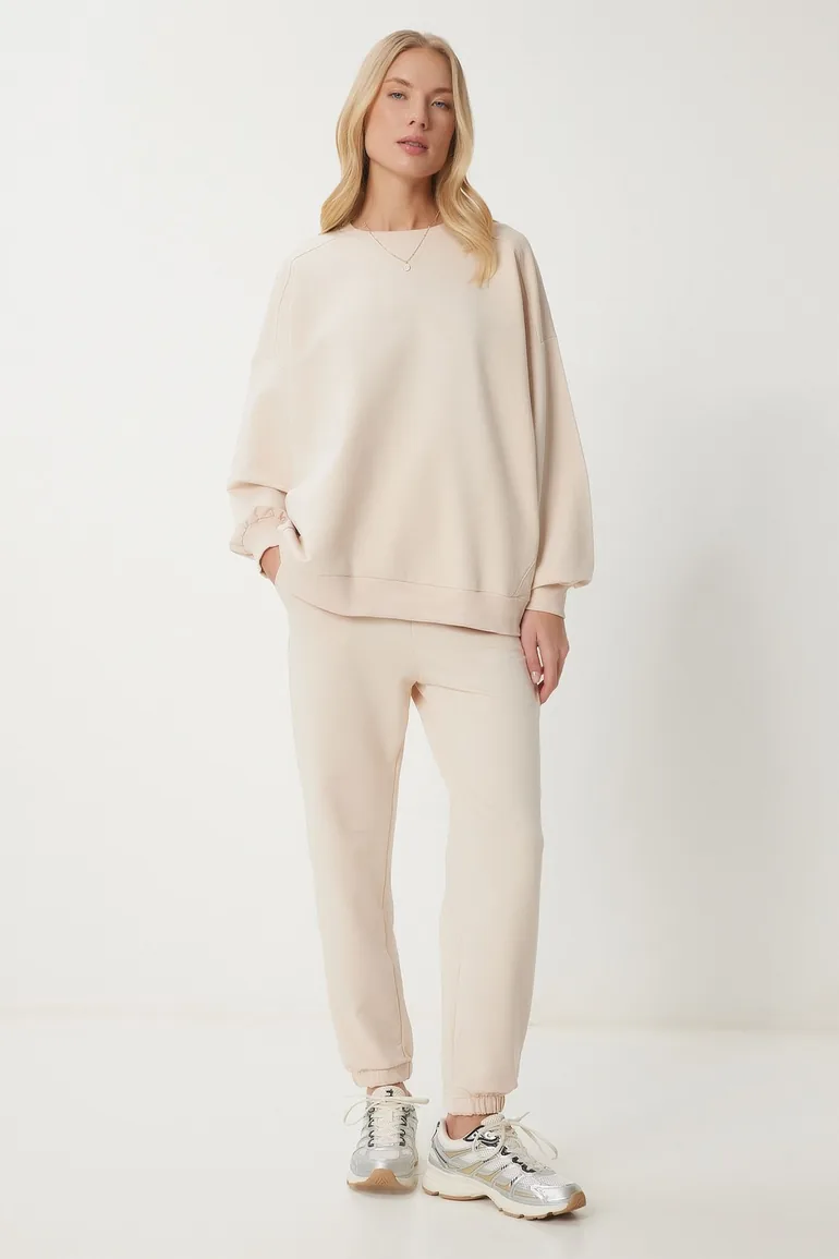 Women's Cream Crew Neck Oversize Knitted Tracksuit
