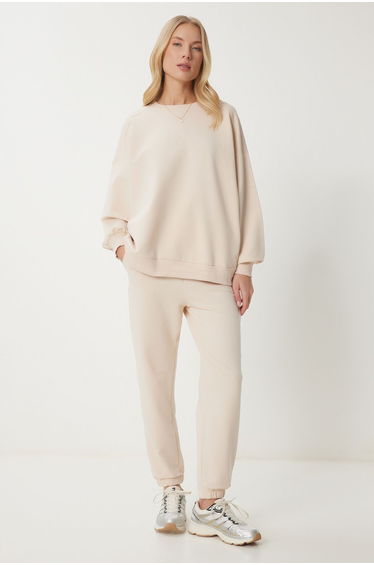 Women's Cream Crew Neck Oversize Knitted Tracksuit