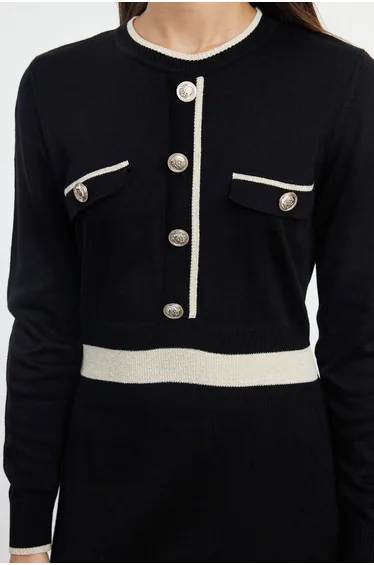 Black Button Detailed Knit Dress