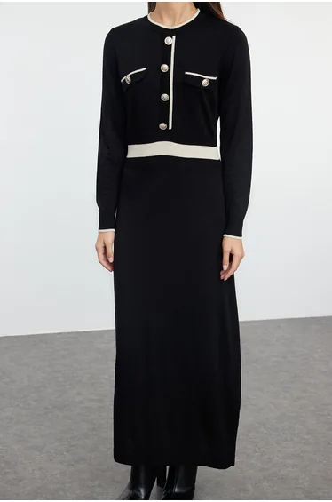 Black Button Detailed Knit Dress