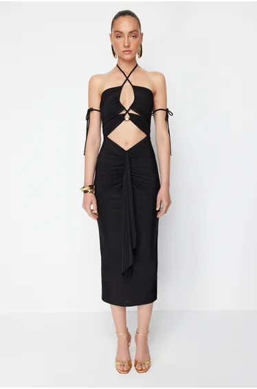 X Zeynep Tosun Black Knitted Window and Accessory Detail Elegant Dress