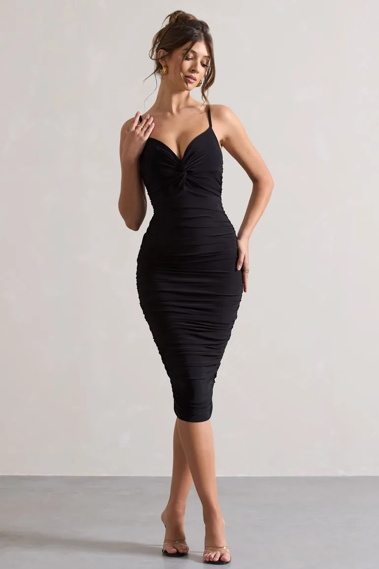 Desired | Black Knot Detail Ruched Midi Dress - 4
