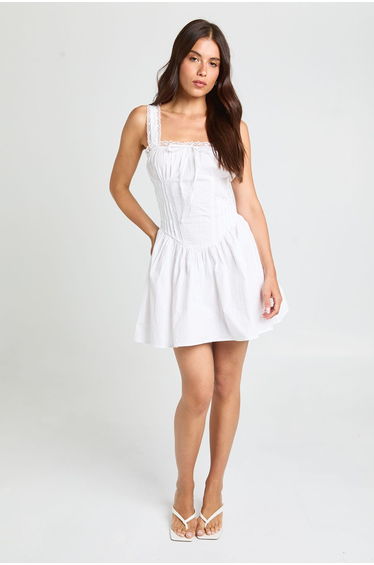 Lace Trim Ruched Bust Mini Dress - ivory