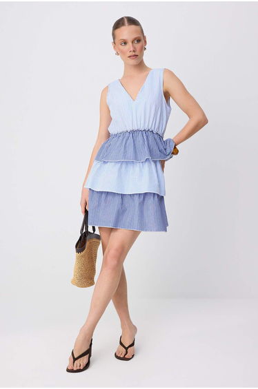 Blue Striped Layered Skater/Waist Opening Short / Mini Woven Dress
